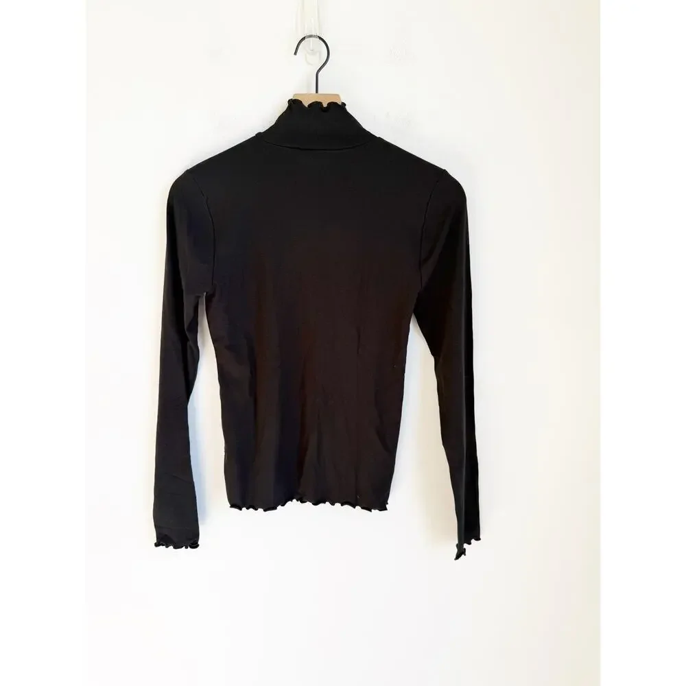 NEW J.CREW Lettuce Ruffle Trimmed Turtleneck Top Black Small